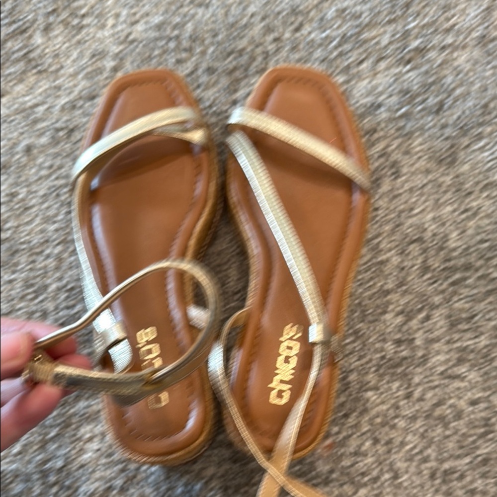 Chico's Gold and Brown ankle wrap wedge Sandals Design